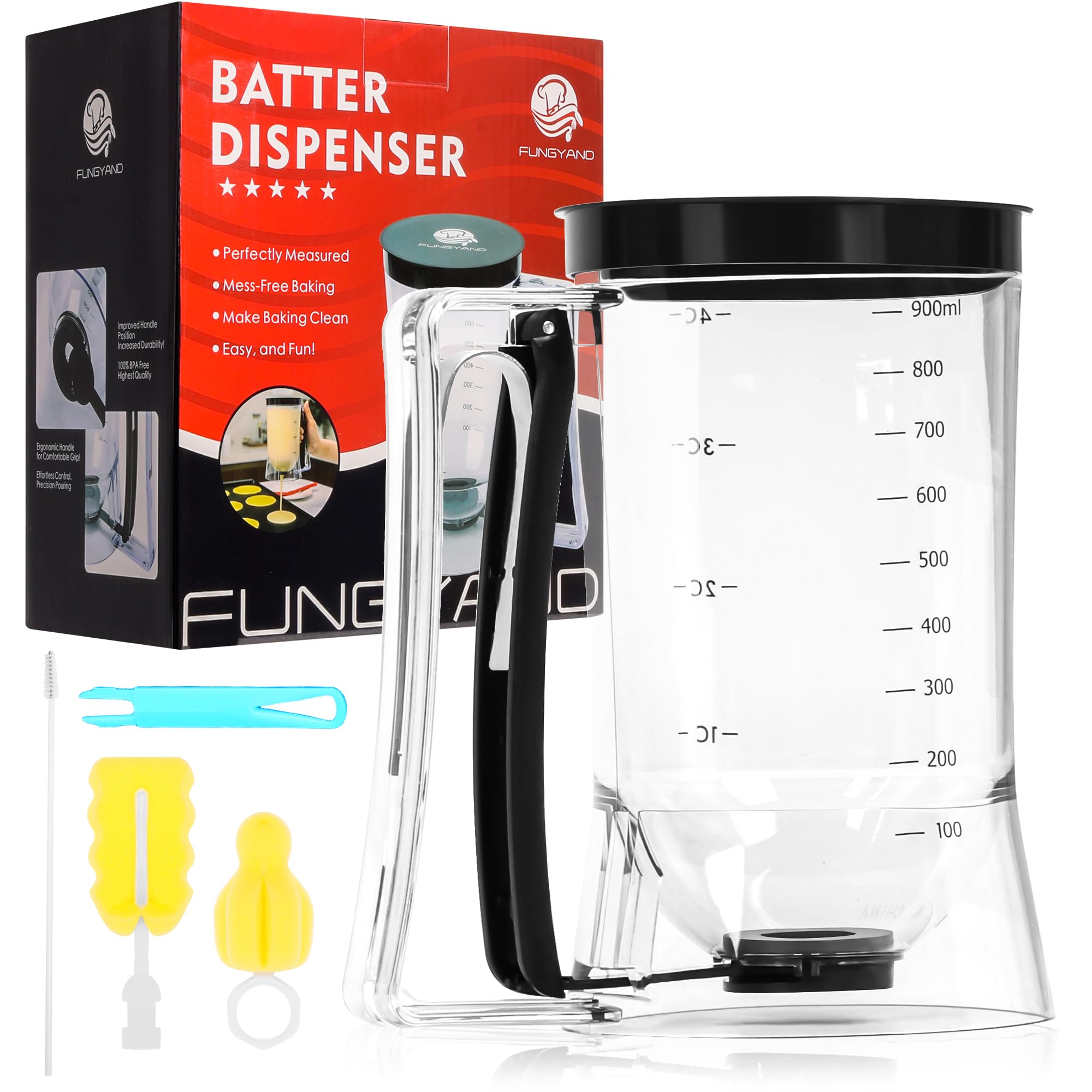 FUNGYAND pancake batter dispenser front view for mess-free pours.