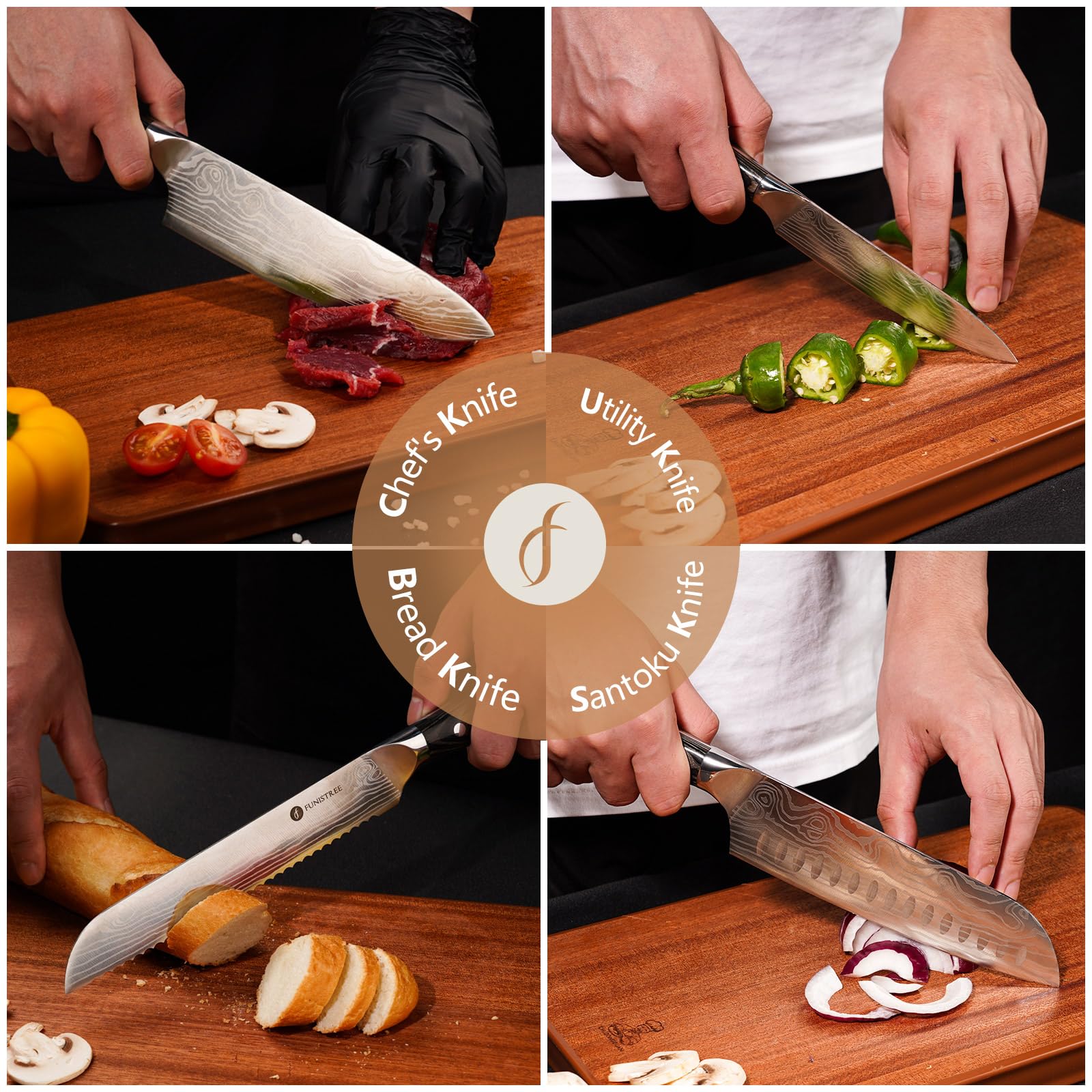 Funistree Damascus knife set 5-inch utility knife versatile prep tasks.