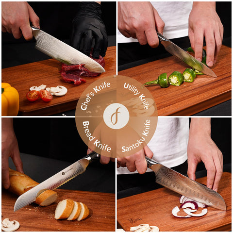 Funistree Damascus knife set 5-inch utility knife versatile prep tasks.