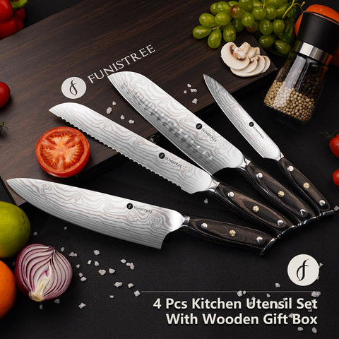 Funistree Damascus knife set 7-inch Santoku ideal for mincing and dicing.