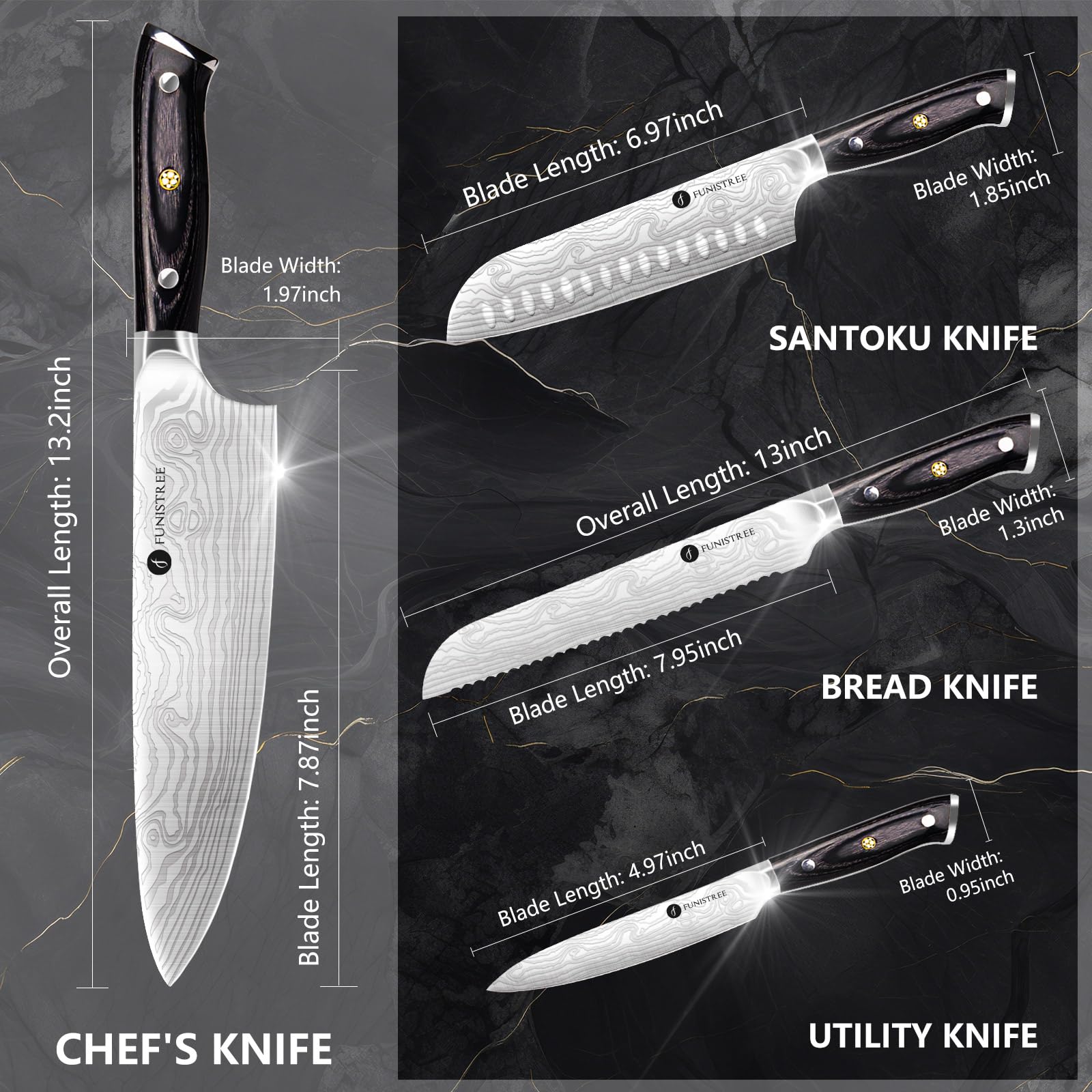Funistree Damascus knife set 8-inch bread knife with serrated edge for clean cuts.