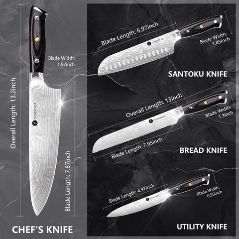 Funistree Damascus knife set 8-inch bread knife with serrated edge for clean cuts.