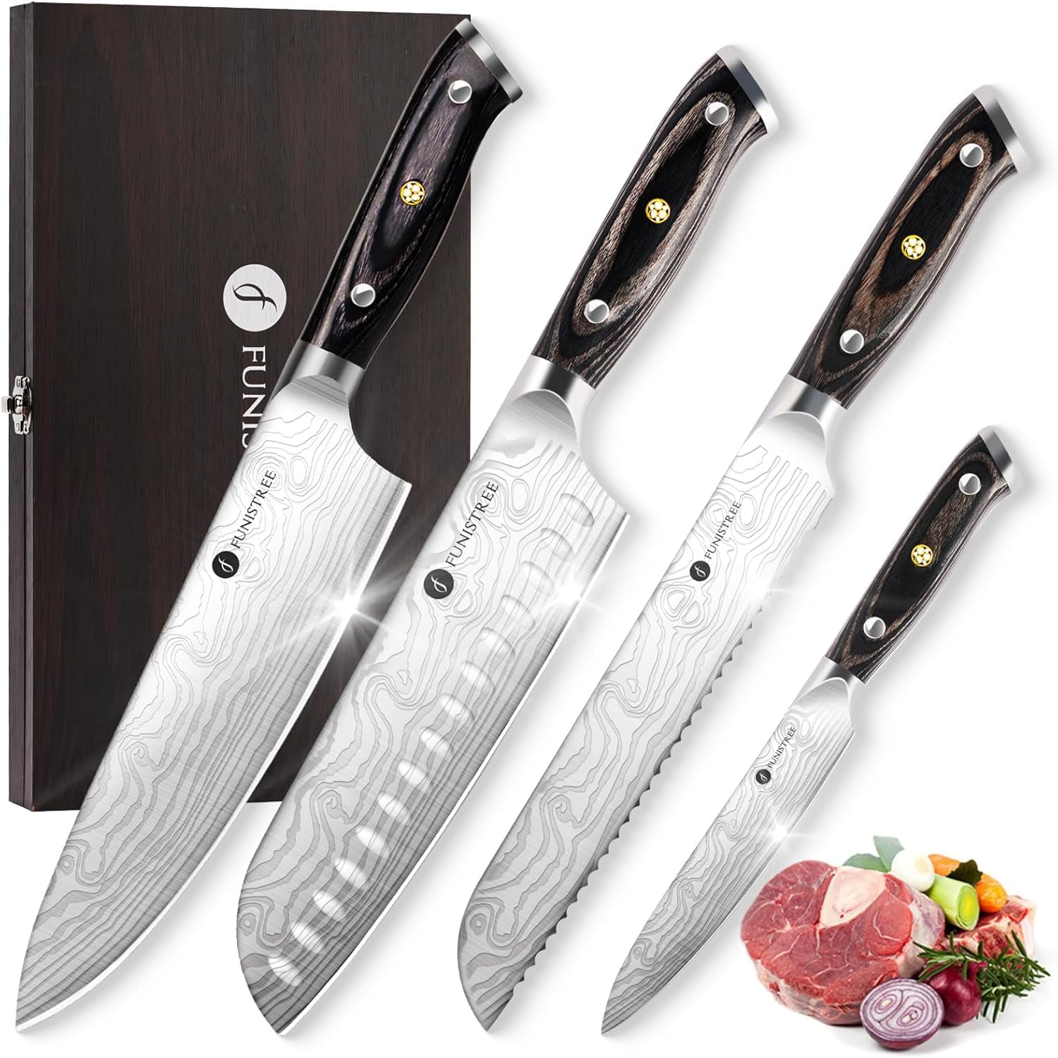 Funistree Damascus knife set 8-inch chef knife for precise chopping and slicing.