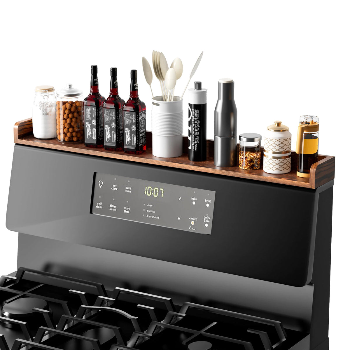 Fun Memories stove top shelf in pine wood texture for organized spice display