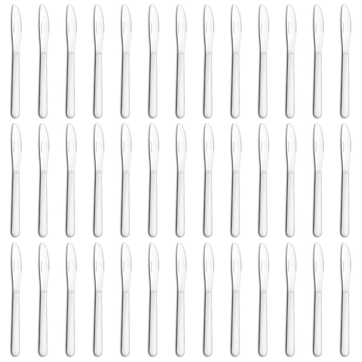 Funnydin 36-piece dinner knives set on dining table, ideal for everyday meals.