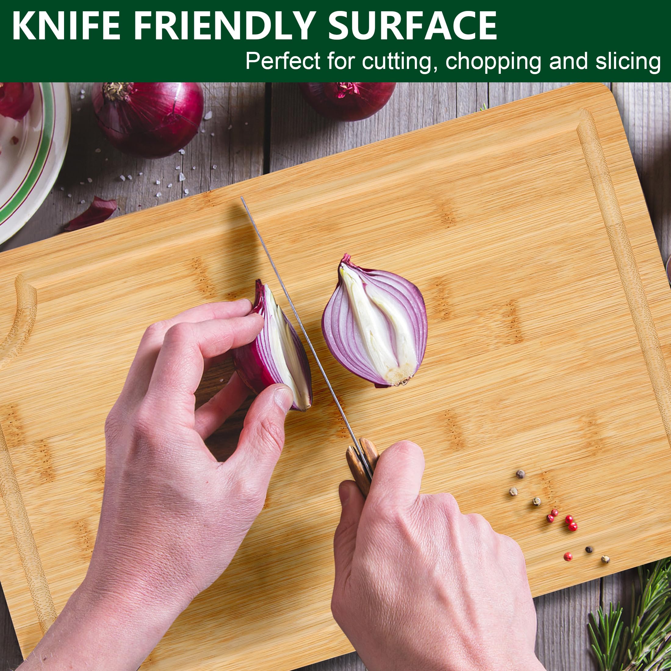 Funnydin deep-juice-grooves catch liquids and keep counters clean.