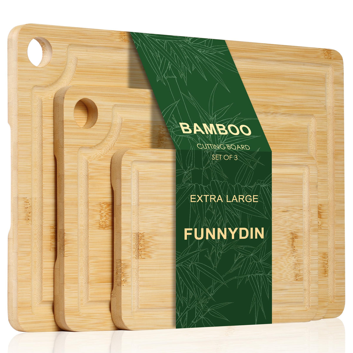 Funnydin bamboo cutting board set of 3 in three sizes for versatile kitchen prep.