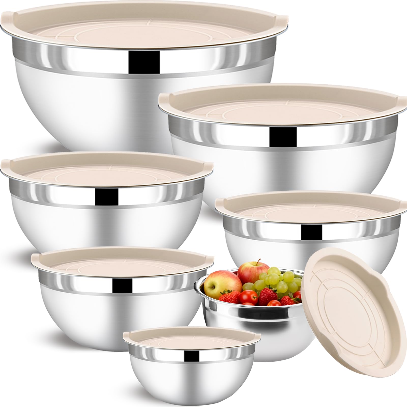 Funnydin khaki seven-piece bowls with lids displaying nesting design for space saving