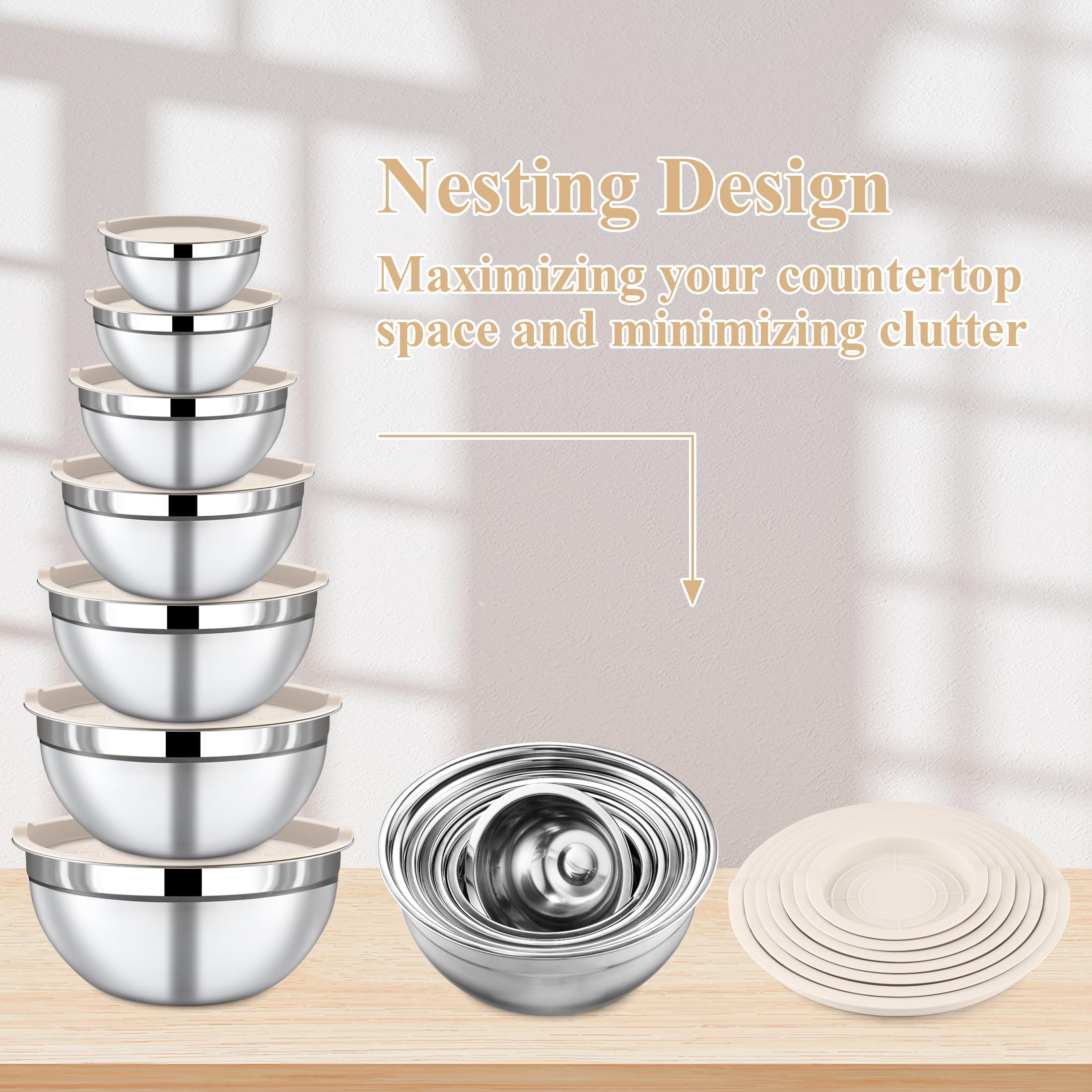 Funnydin khaki nesting bowls save counter space when stacked