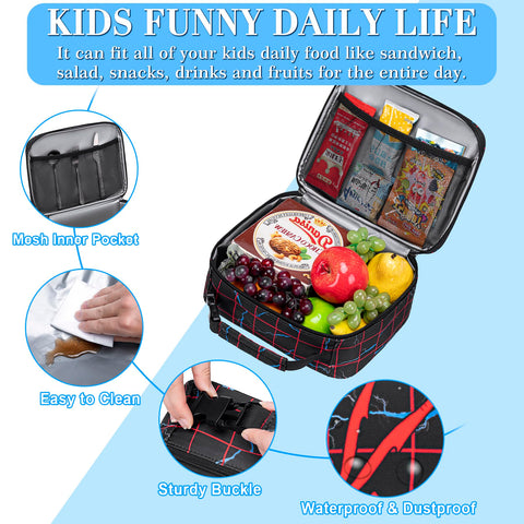 FunnyGifts Lunch Bag with buckle handle attached to backpack.