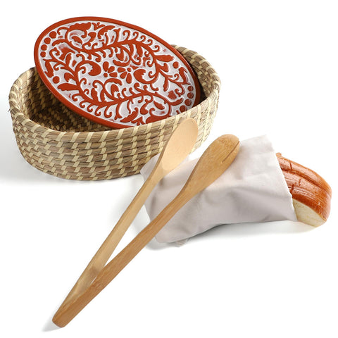 Funsky Hostess terracotta bread warmer basket with stone, ideal for keeping artisanal loaves warm