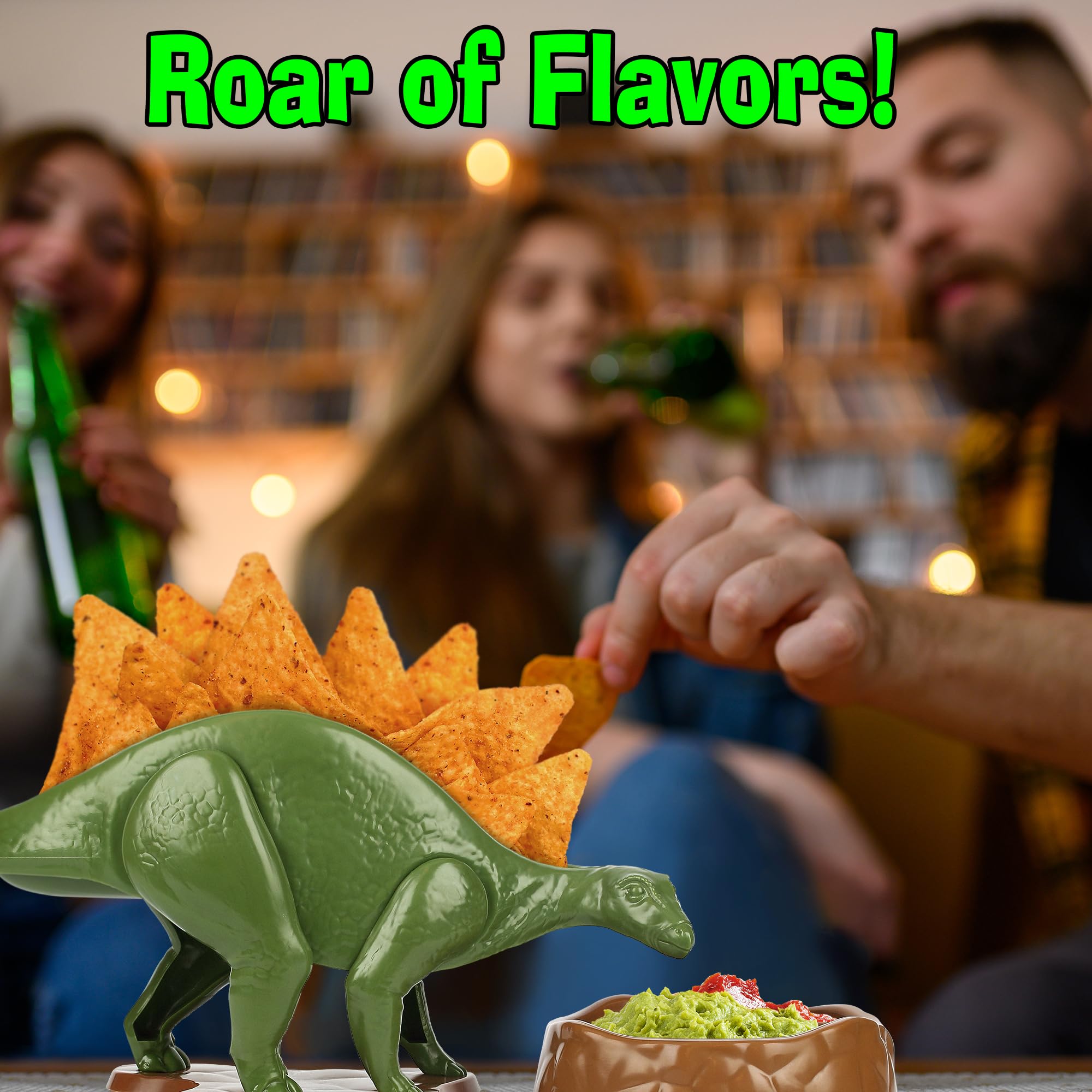Kids using Funwares Nachosaurus to build nachos or arrange snacks.