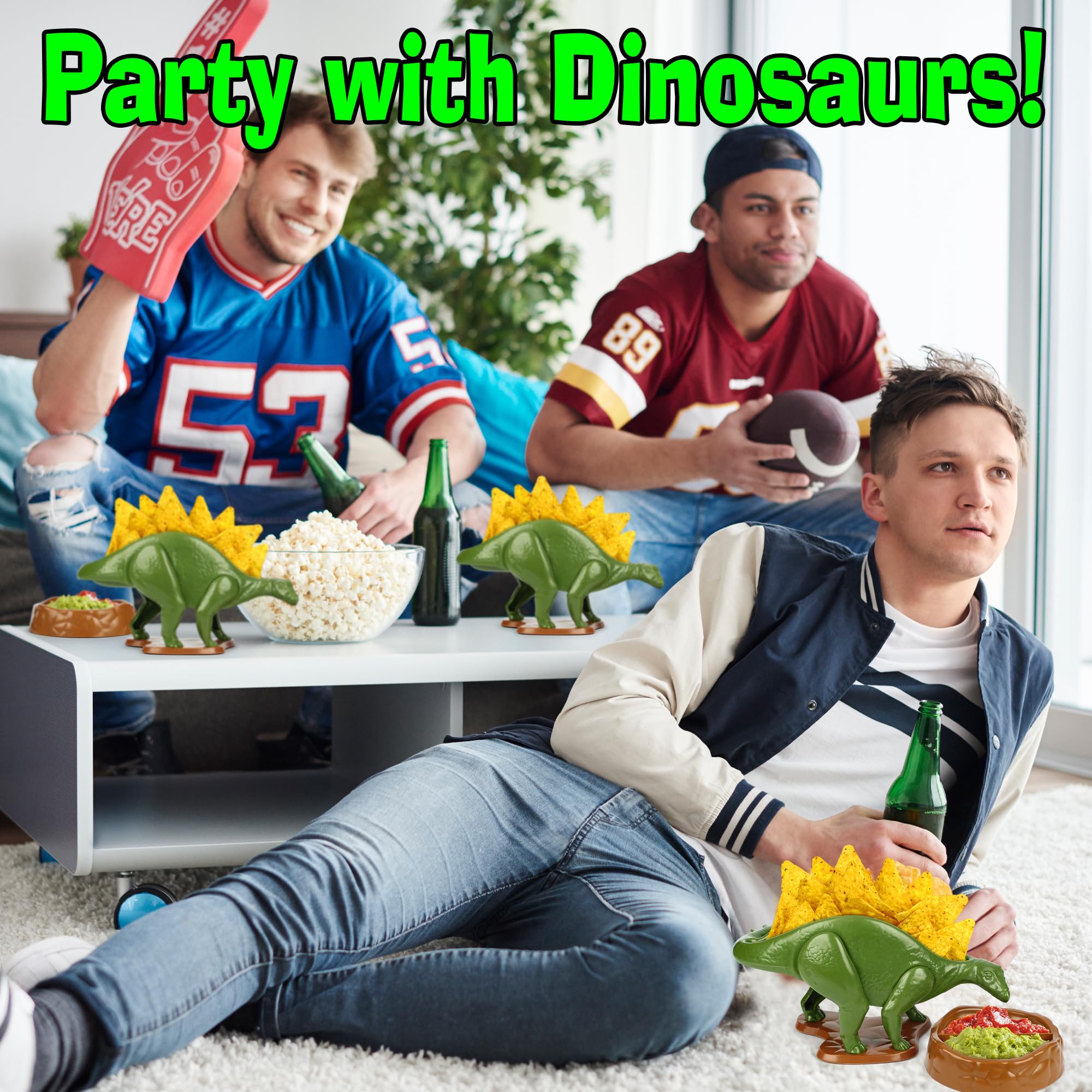 Funwares Nachosaurus multi-use stand holds chips, dips, and small snacks.