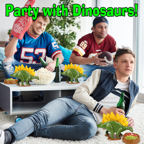 Funwares Nachosaurus multi-use stand holds chips, dips, and small snacks.
