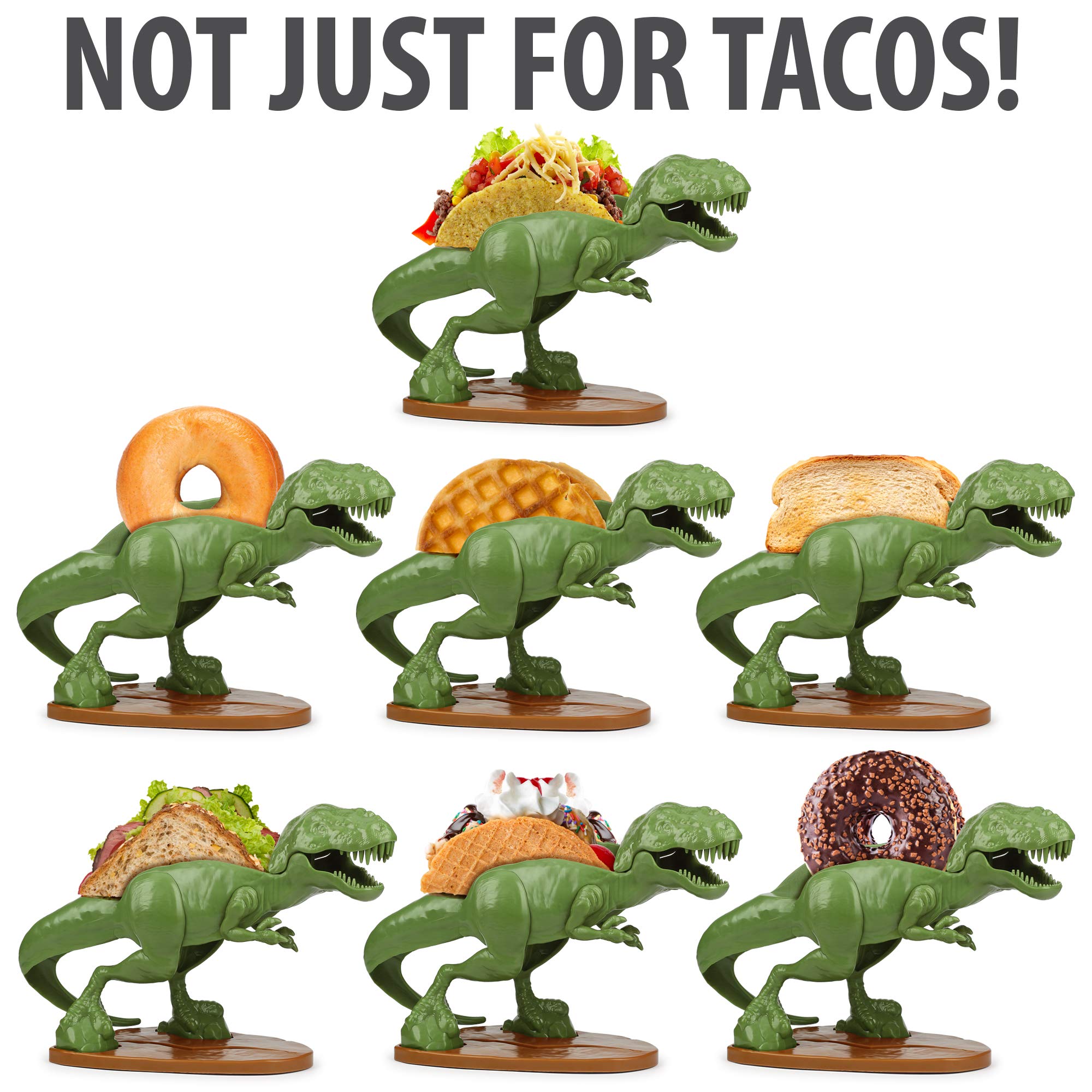 Two tacos perched on Funwares Tacosaurus during dinner.