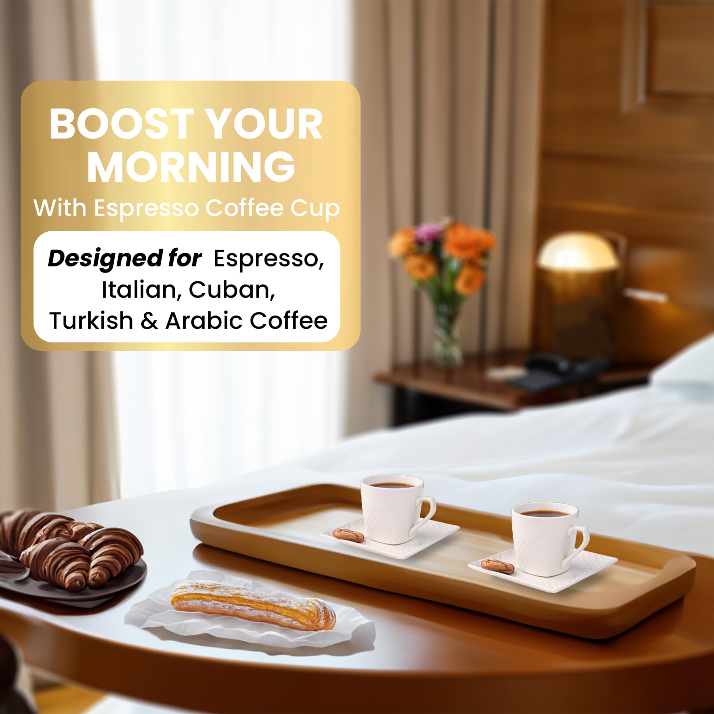 FUOCCI six-piece set with matching saucers enhances serving.