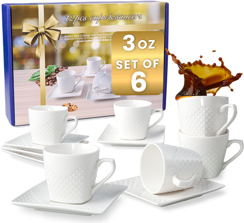 FUOCCI embossed white porcelain espresso cups and saucers elevate daily rituals.
