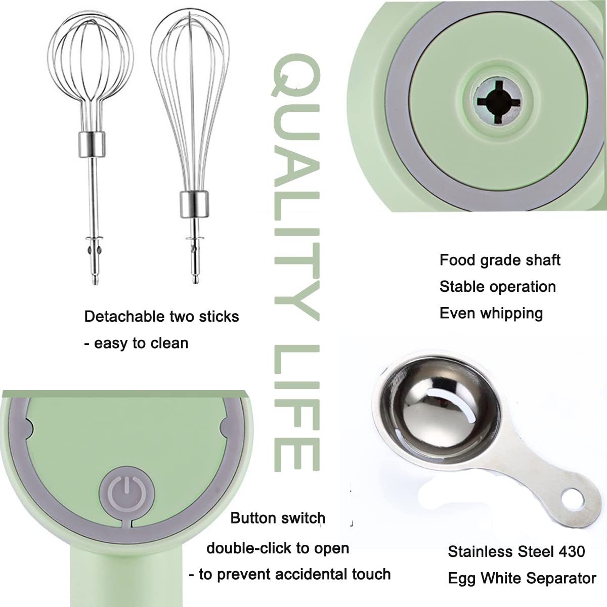 FURVOCHY hand mixer green side view showcases compact, travel-friendly design.