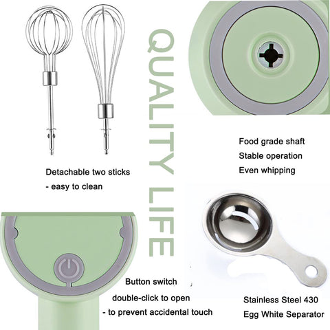 FURVOCHY hand mixer green side view showcases compact, travel-friendly design.