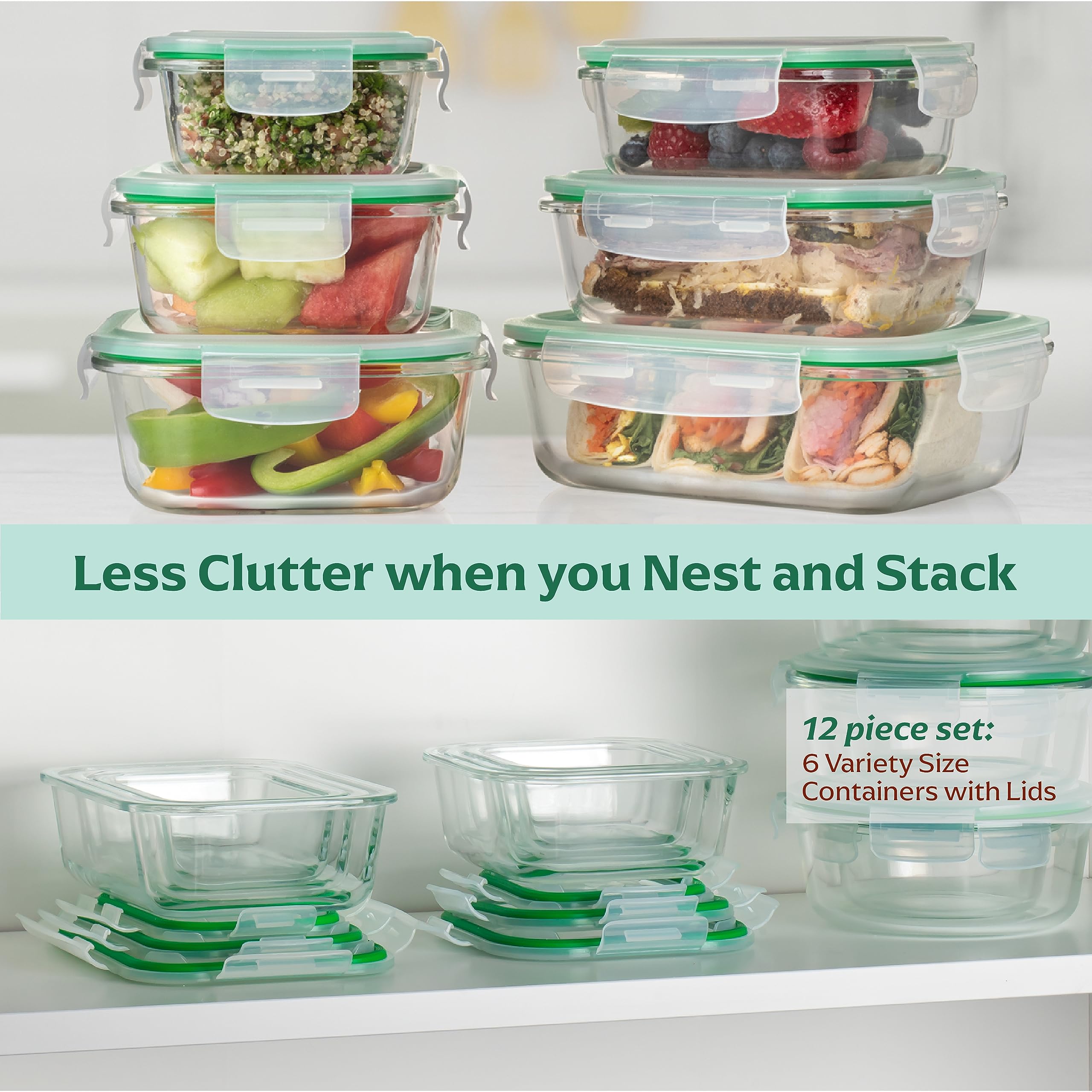 Fusion Gourmet glass meal prep set shown in fridge and microwave-ready kitchen context.