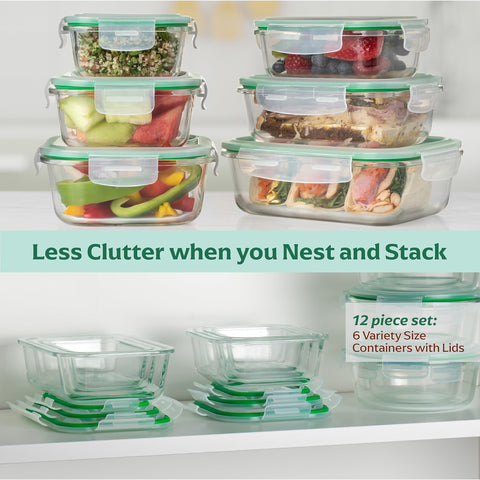Fusion Gourmet glass meal prep set shown in fridge and microwave-ready kitchen context.