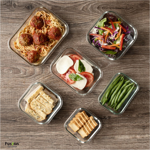 Fusion Gourmet glass rectangle small container with secure lid for snack portions.