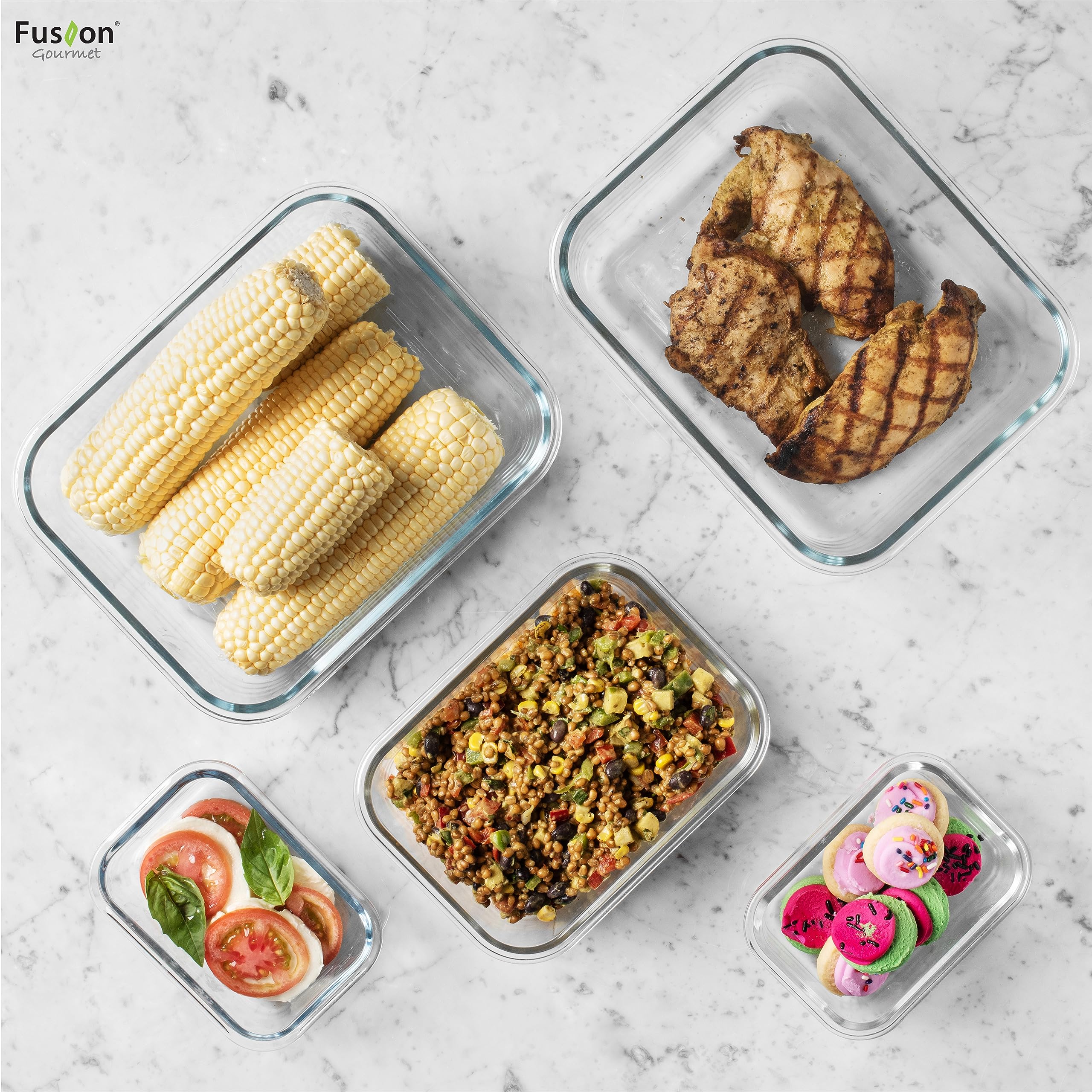 Fusion Gourmet 12.5oz glass container with snap lid for leftovers.