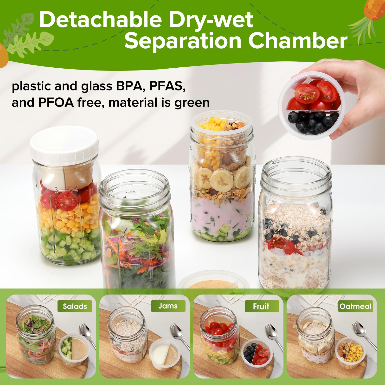 Fusnugk 32oz jar with lids supports organized meal prep and dressing separation.