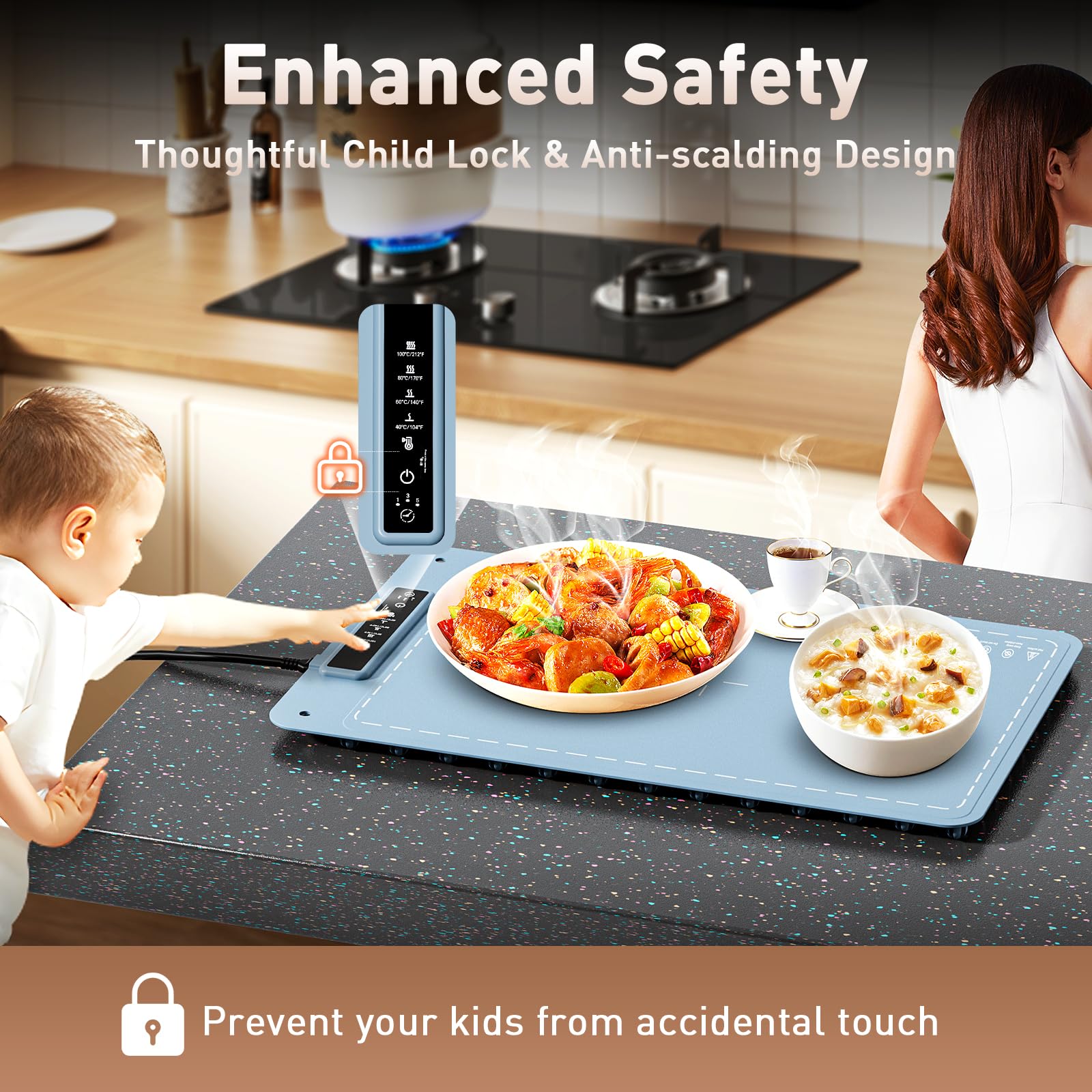 Fussion warming mat shows child lock for safe family use.
