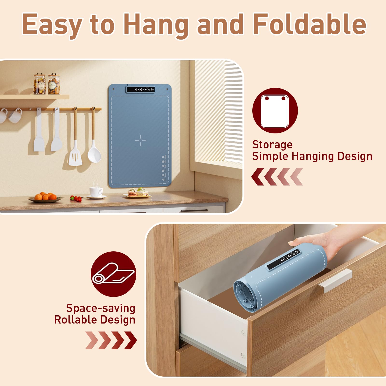 Fussion Food Warming Mat folds flat for compact storage and cleaning.