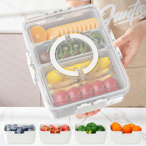 Futego Snackle Box divided tray keeps fruits, nuts, and veggies separated on trips.