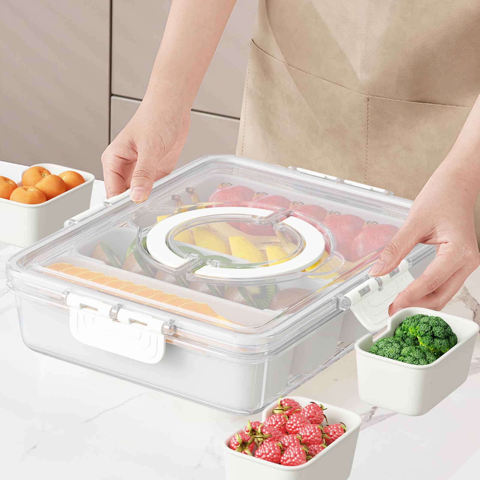 Futego Snackle Box portable tray with foldable handle for travel.