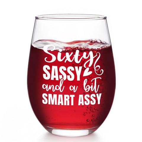 Futtumy sixty-sassy wine glass side view for festive 60th birthday toasts.