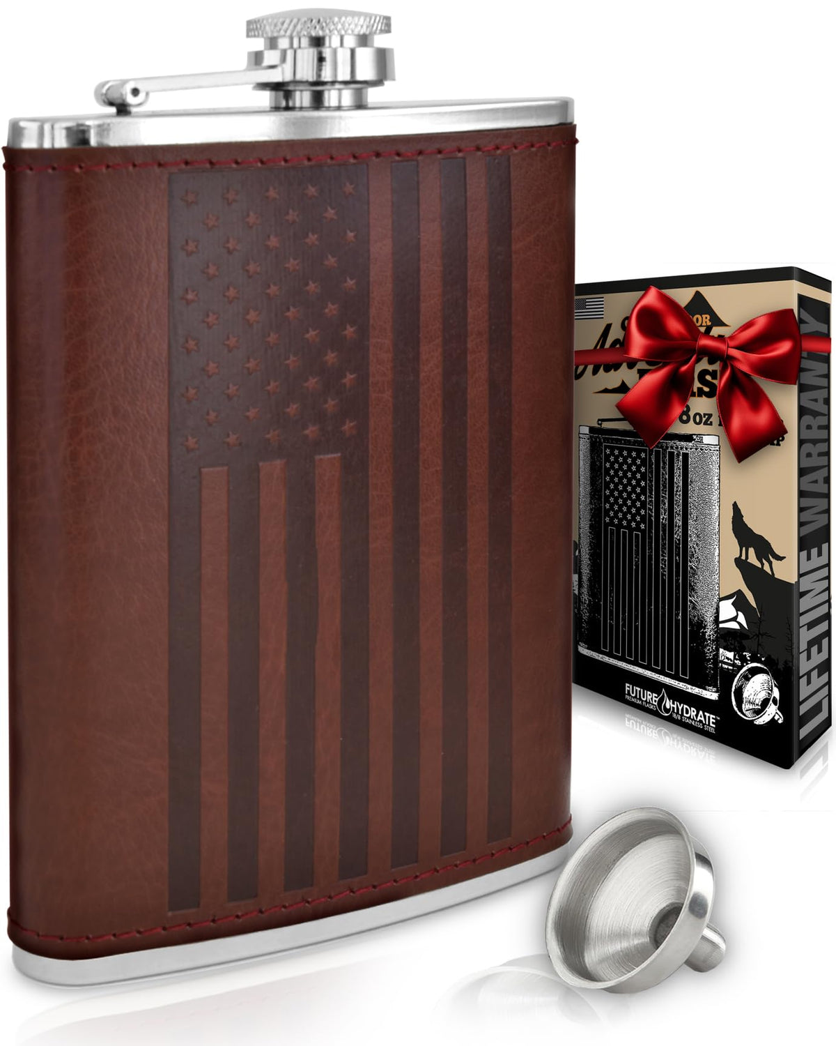 Future Hydrate leather American flag flask with leather wrap ideal for outdoor adventures