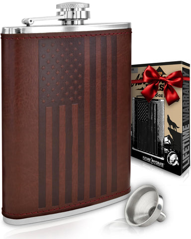Future Hydrate leather American flag flask with leather wrap ideal for outdoor adventures