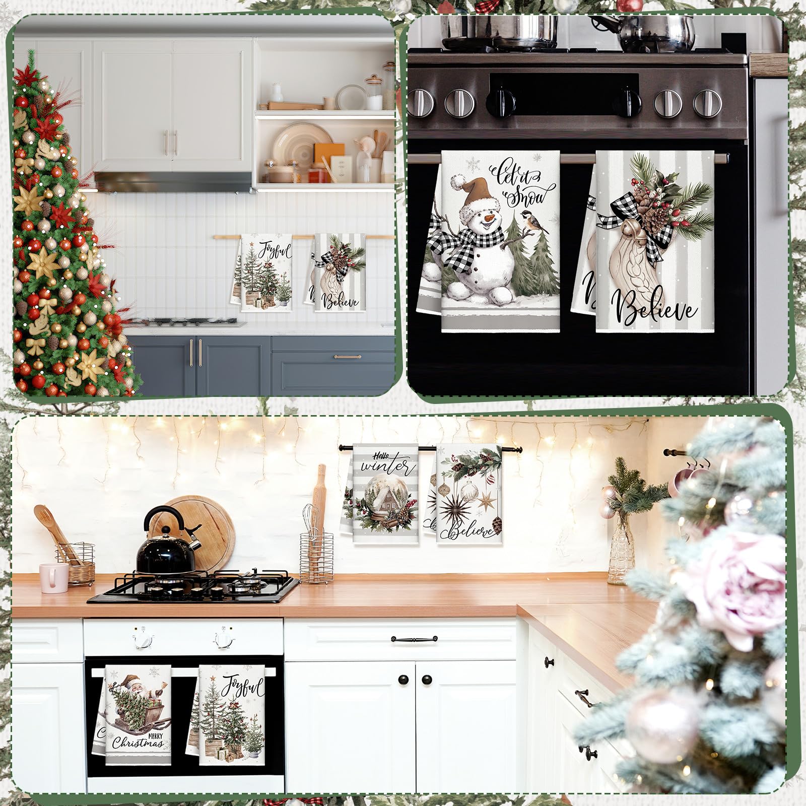 FuWeave Christmas towels showing Santa illustration add cheer while wiping dishes.