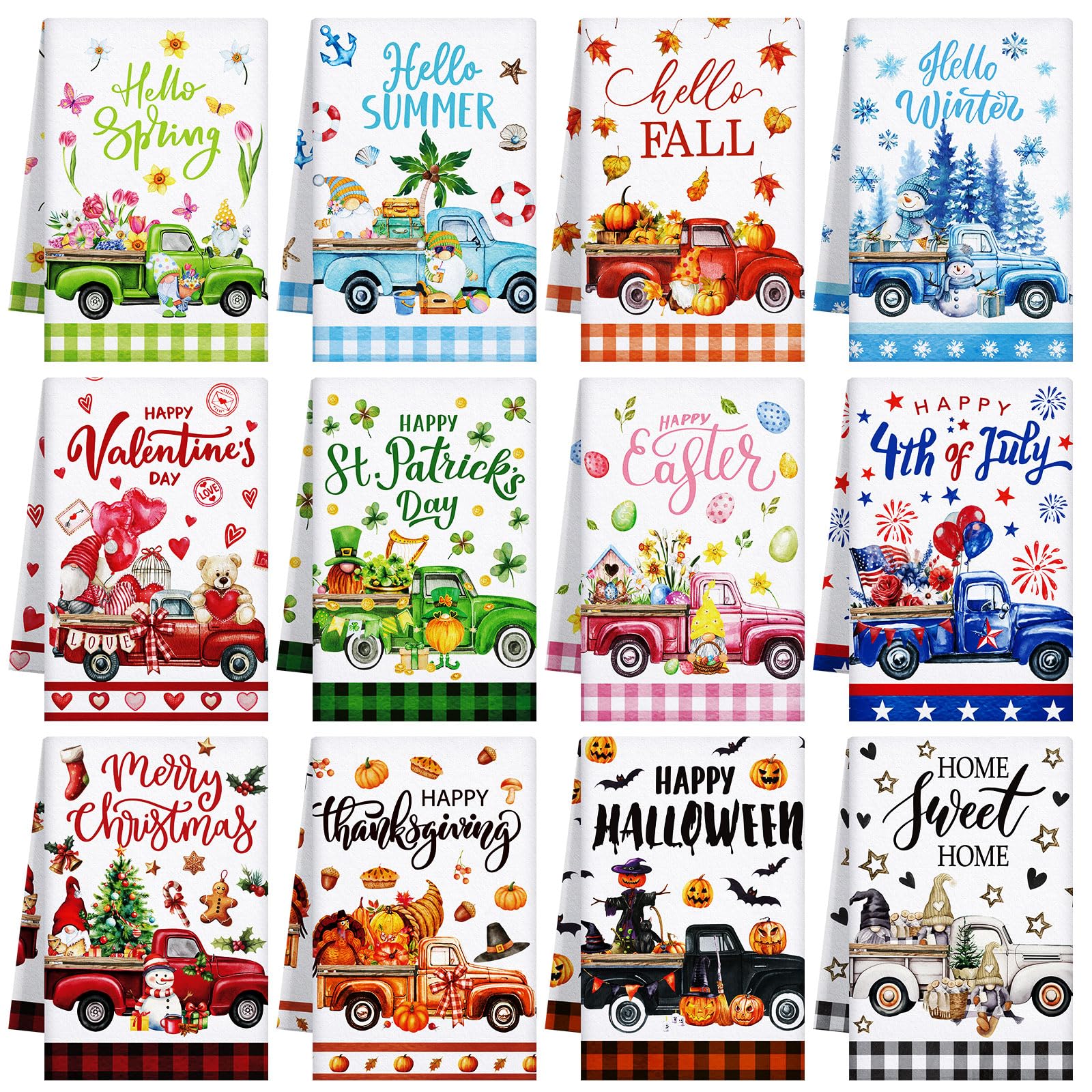FuWeave truck-style seasonal towels collection for festive kitchen styling.