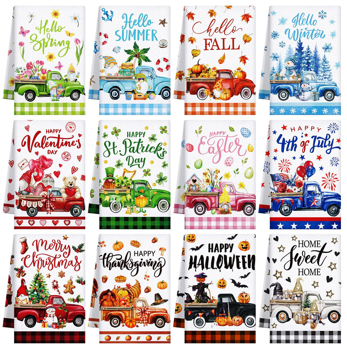 FuWeave truck-style seasonal towels collection for festive kitchen styling.