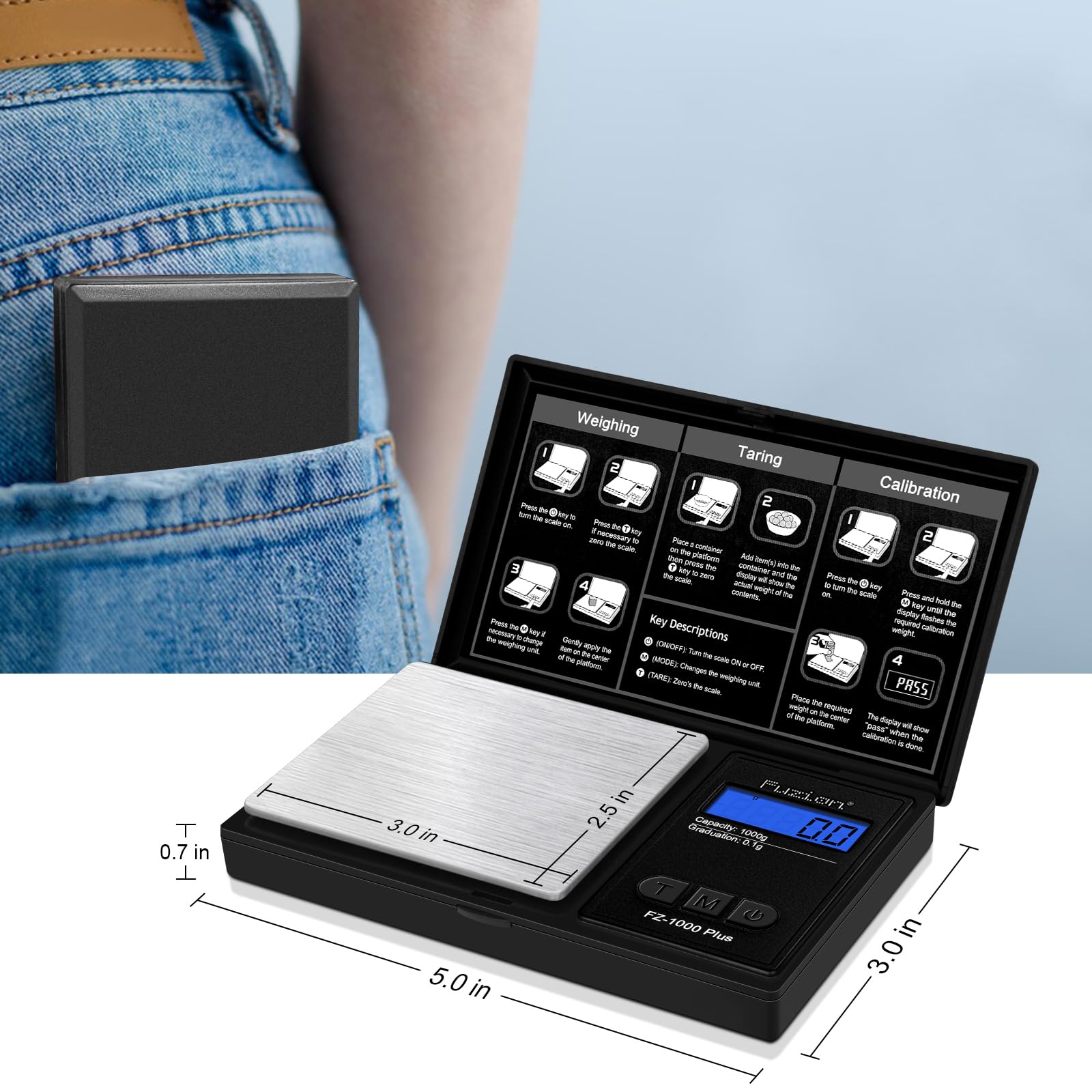 Fuzion Digital Pocket Gram Scale calibration image emphasizes easy re-calibration.