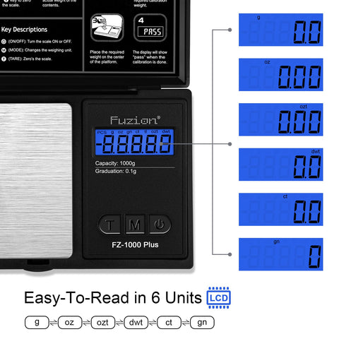 Fuzion Digital Pocket Gram Scale display closeup highlights back-lit readability for quick readings.