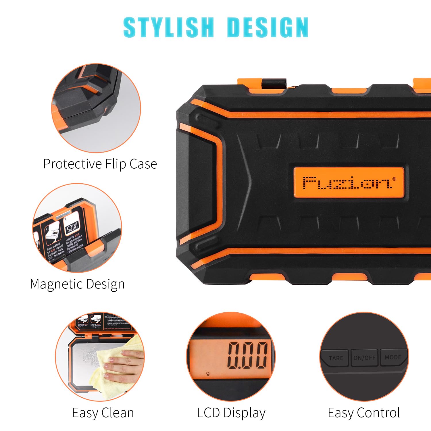 Fuzion Pocket Scale tare button enables accurate net weights for containers.