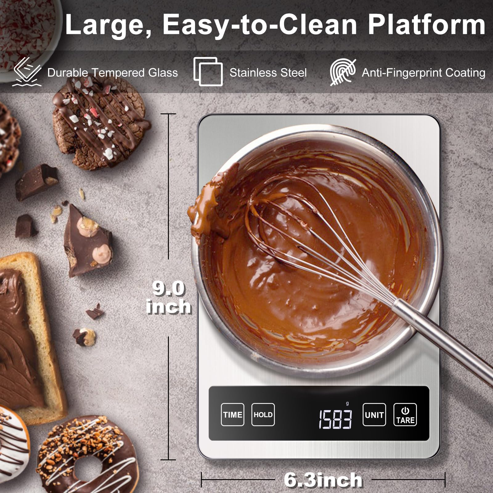 Fuzion food scale shows seven units for versatile ingredient reading.