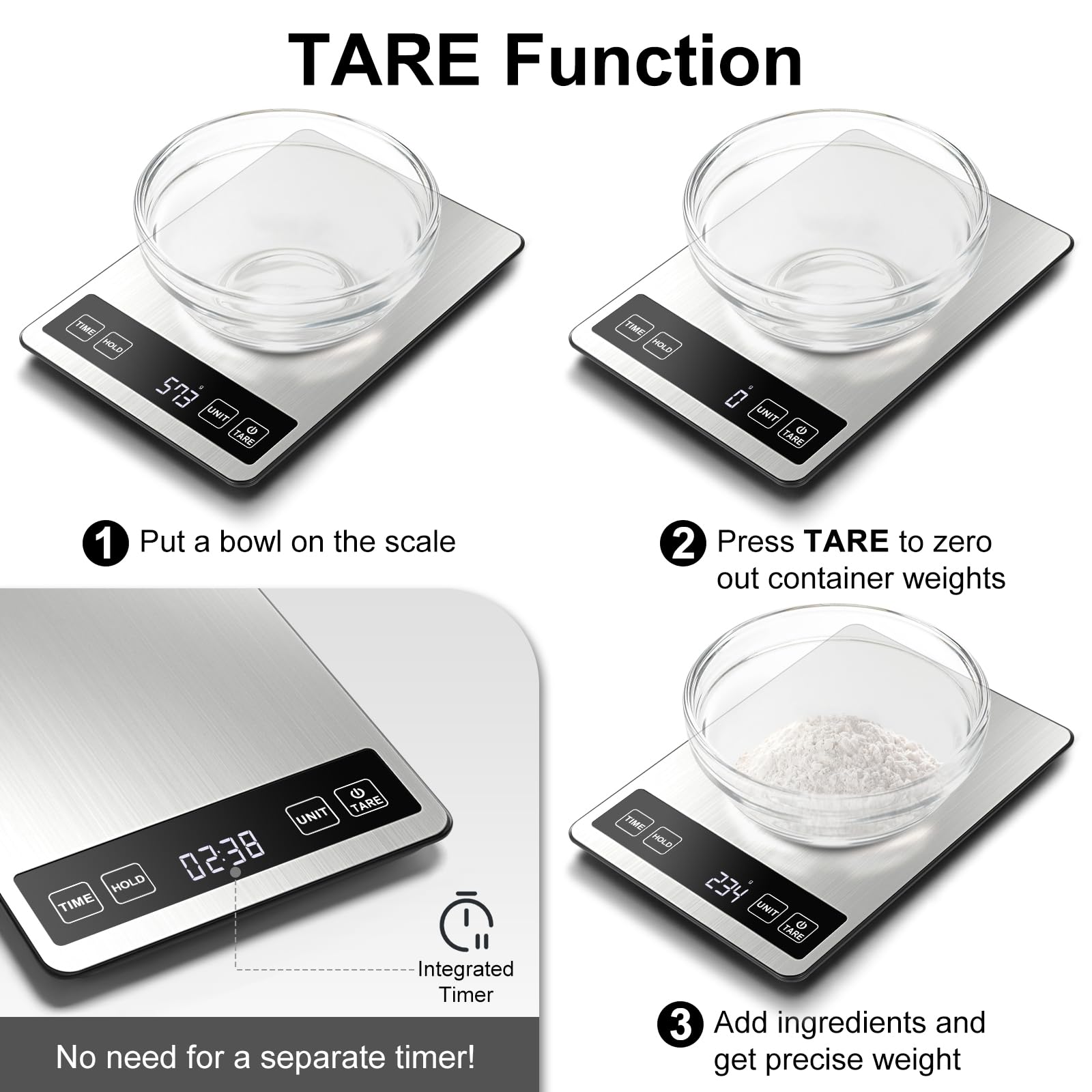 Fuzion tare-function zeros containers for precise ingredient weighing.