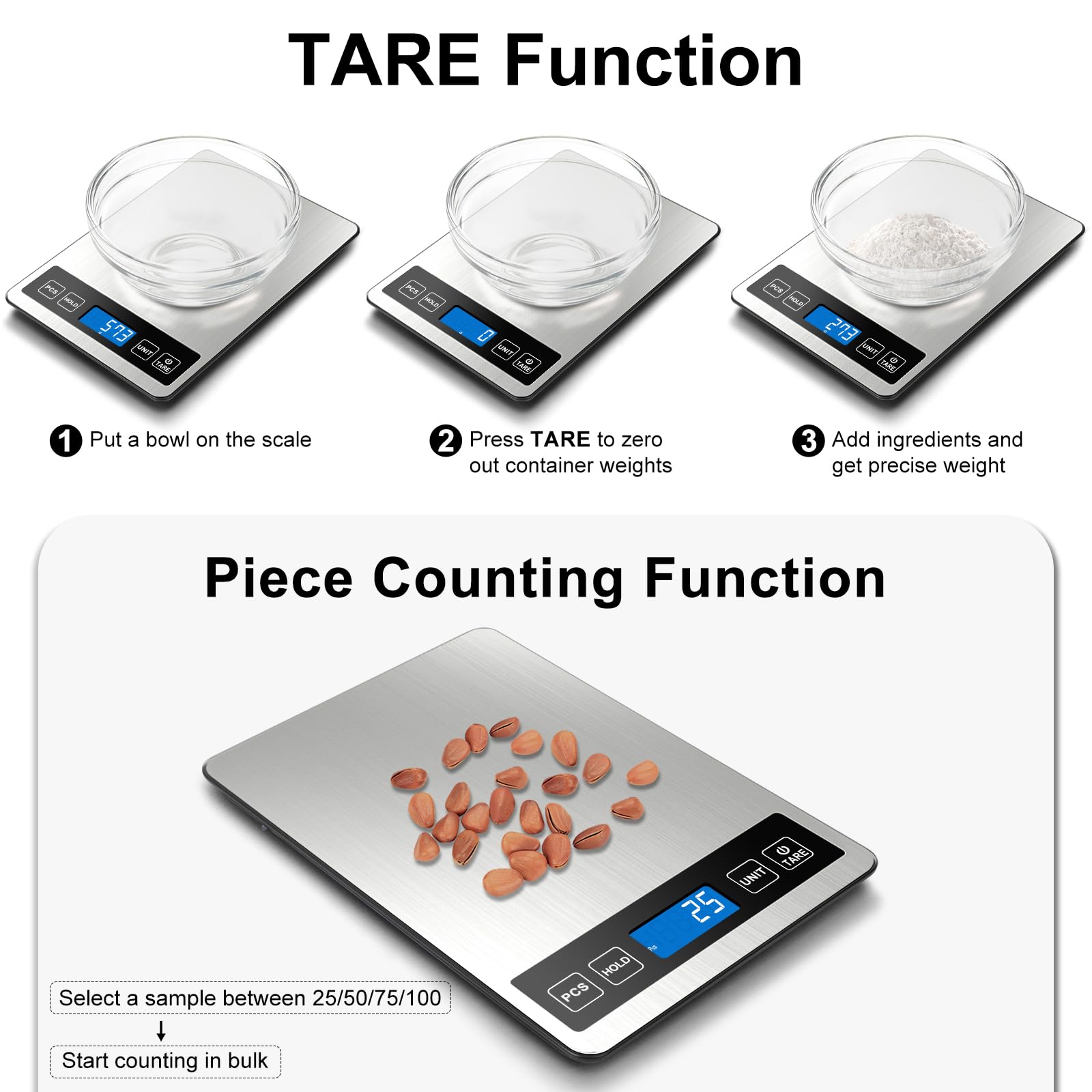 Fuzion Food Scale tare and hold functions simplify recipe prep.