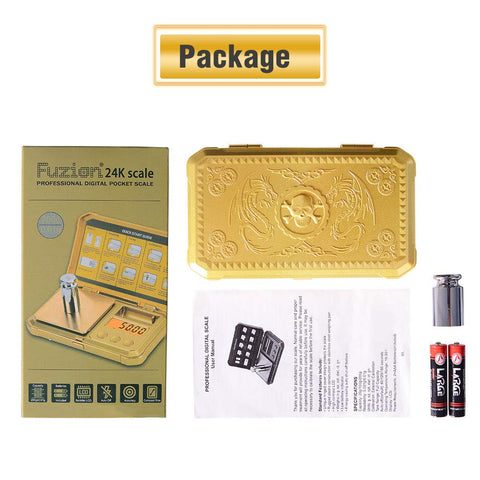 Fuzion Gram Scale includes 50g calibration weights and battery for immediate use