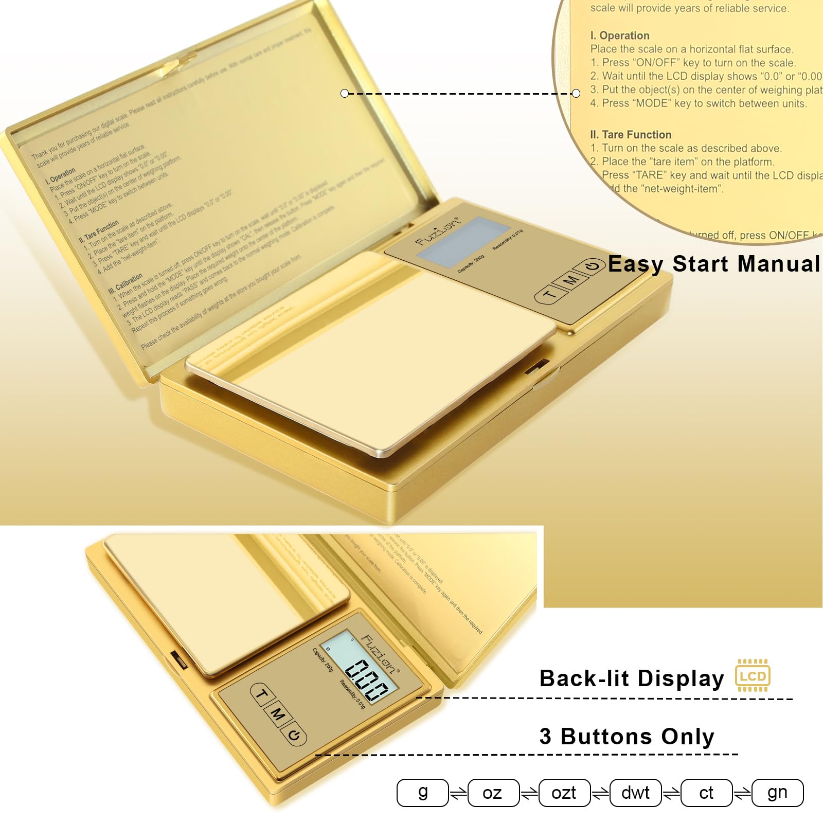 Fuzion Gram Scale backlit LCD display for easy readings in dim light.