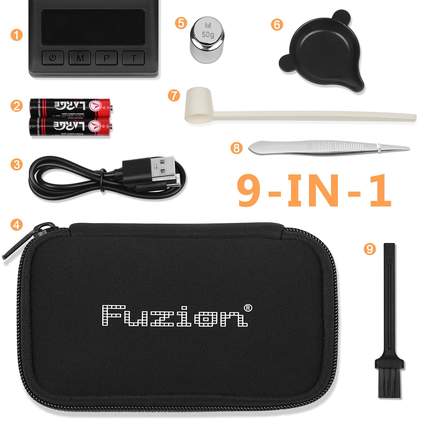 Fuzion scale powered by USB and AAA batteries for versatile setups.