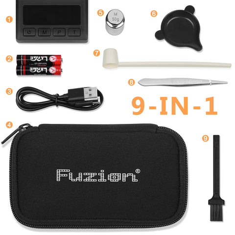 Fuzion scale powered by USB and AAA batteries for versatile setups.