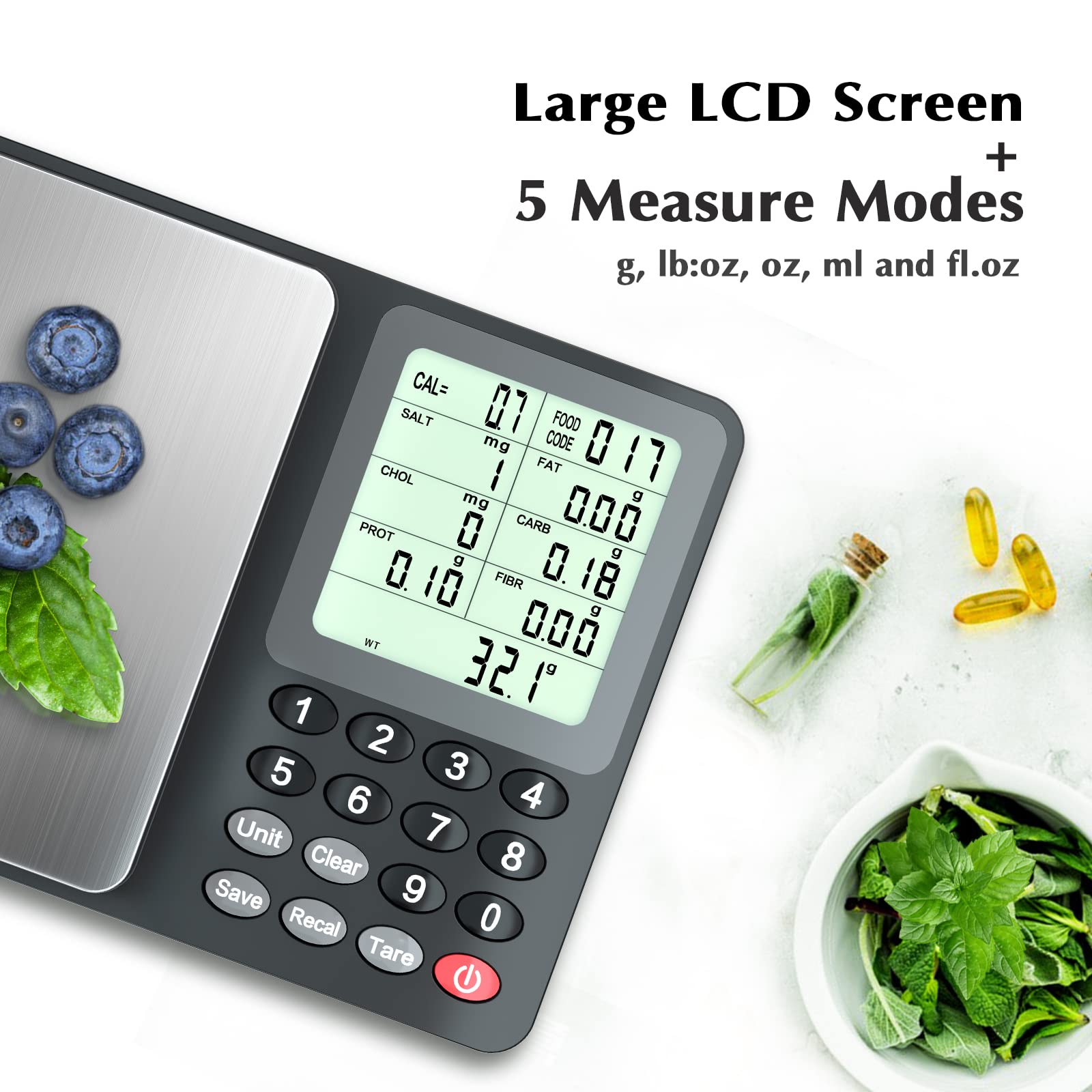 Five measurement units support liquids and solids for versatile recipes.