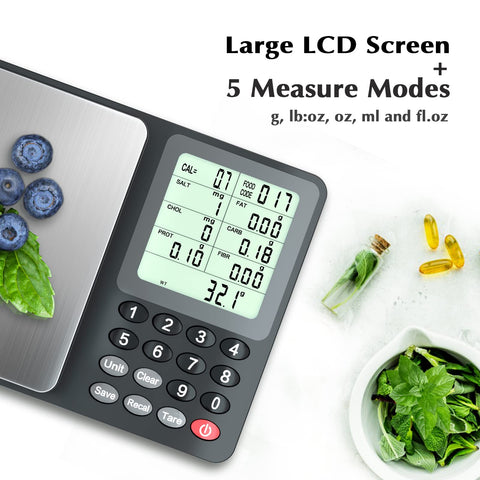 Five measurement units support liquids and solids for versatile recipes.